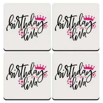 Birthday Diva queen, ΣΕΤ 4 Σουβέρ ξύλινα τετράγωνα (9cm)