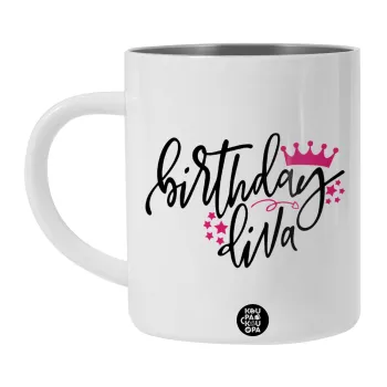Birthday Diva queen, Λευκή Ανοξείδωτη Μεταλλική Κούπα 450ml - Διπλού Τοιχώματος 
