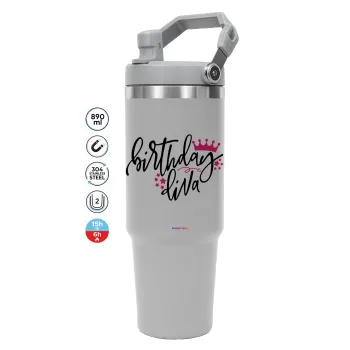 Birthday Diva queen, ΓΚΡΙ χρώματος Θερμός Ανοξείδωτο 890ml (30oz) με χερούλι