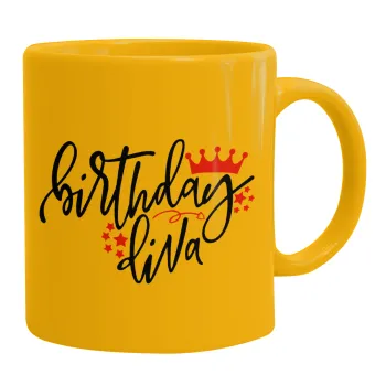 Birthday Diva queen, Ceramic coffee mug yellow, 330ml