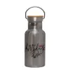 Stainless steel metallic thermos flask, silver with a bamboo lid, double-walled, 350ml.