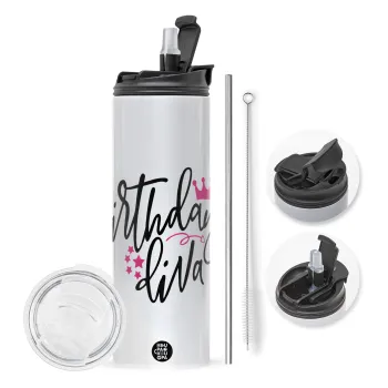 Birthday Diva queen, Travel Tumbler 2 Lids, with metal straw & cleaning brush (Stainless steel 304 Food grade, BPA free, 600ml)