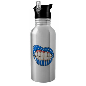Ελληνική σημαία lips, Water bottle Silver with straw, stainless steel 600ml
