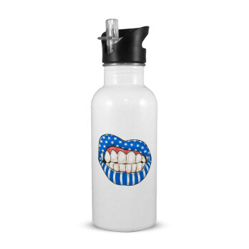 Ελληνική σημαία lips, White water bottle with straw, stainless steel 600ml