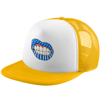 Ελληνική σημαία lips, Καπέλο Soft Trucker με Δίχτυ Κίτρινο/White 