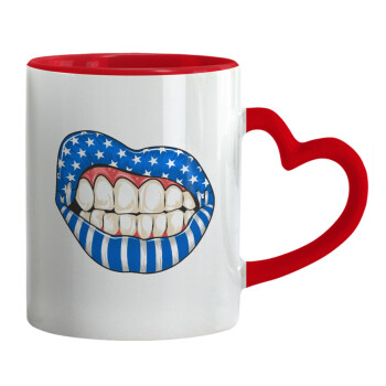 Ελληνική σημαία lips, Mug heart red handle, ceramic, 330ml