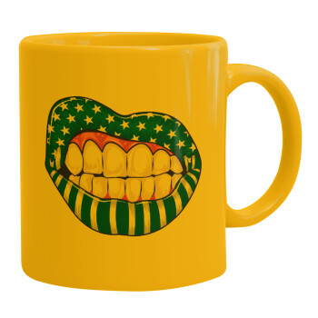 Ελληνική σημαία lips, Ceramic coffee mug yellow, 330ml (1pcs)