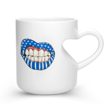 Ελληνική σημαία lips, Κούπα καρδιά λευκή, κεραμική, 330ml