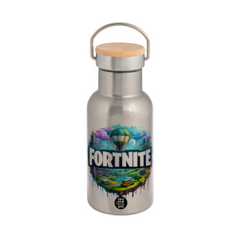 Fortnite land, Stainless steel metallic thermos flask, silver with a bamboo lid, double-walled, 350ml.