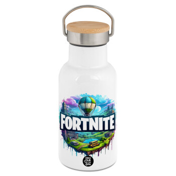 Fortnite land, Μεταλλικό παγούρι θερμός (Stainless steel) Λευκό με ξύλινο καπακι (bamboo), διπλού τοιχώματος, 350ml