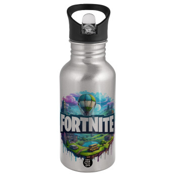 Fortnite land, Water bottle Silver with straw, stainless steel 500ml