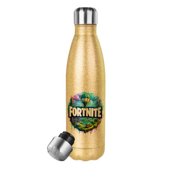 Fortnite land, Μεταλλικό παγούρι θερμός Glitter χρυσό (Stainless steel), διπλού τοιχώματος, 500ml