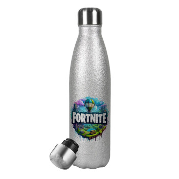 Fortnite land, Metallic Glitter Silver Thermos Flask (Stainless steel), double-walled, 500ml