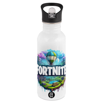 Fortnite land, White water bottle with straw, stainless steel 600ml