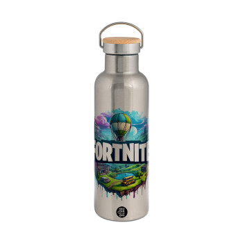 Fortnite land, Stainless steel Silver with wooden lid (bamboo), double wall, 750ml