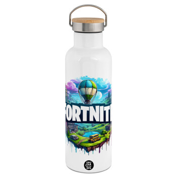 Fortnite land, Stainless steel White with wooden lid (bamboo), double wall, 750ml