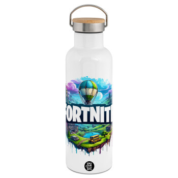 Fortnite land, Μεταλλικό παγούρι θερμός (Stainless steel) Λευκό με ξύλινο καπάκι (bamboo), διπλού τοιχώματος, 750ml