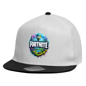 Fortnite land, Child's Flat Snapback Hat, White (100% COTTON, CHILDREN'S, UNISEX, ONE SIZE)