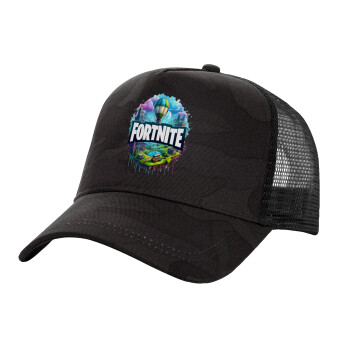 Fortnite land, Adult Structured Trucker Hat, with Mesh, Dark Army (100% COTTON, ADULT, UNISEX, ONE SIZE)