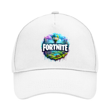 Fortnite land, Adult Baseball Cap, Drill, White (100% COTTON, ADULT, UNISEX, ONE SIZE)