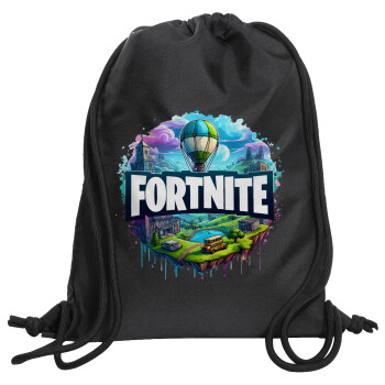 Fortnite land, Τσάντα πλάτης πουγκί GYMBAG Μαύρη, με τσέπη (40x48cm) & χονδρά κορδόνια