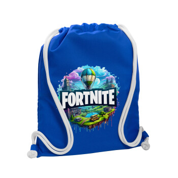 Fortnite land, Backpack pouch GYMBAG Blue, with pocket (40x48cm) & thick cords