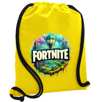 Fortnite land, Backpack pouch GYMBAG Yellow, with pocket (40x48cm) & thick cords