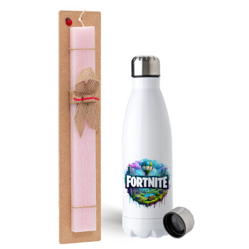 Fortnite land, Easter Set, metallic stainless steel water bottle (750ml) & scented flat Easter candle (30cm) (PINK)