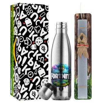 Fortnite land, Easter Set, metallic stainless thermos flask (500ml) & scented flat Easter candle (30cm) (GRAY)