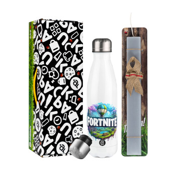 Fortnite land, Easter candle, metallic white thermos bottle (500ml) & aromatic flat candle (30cm) (GRAY)