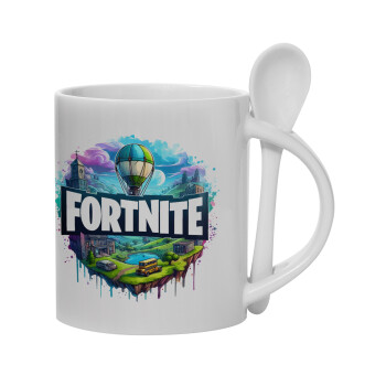 Fortnite land, Ceramic coffee mug with Spoon, 330ml (1pcs)