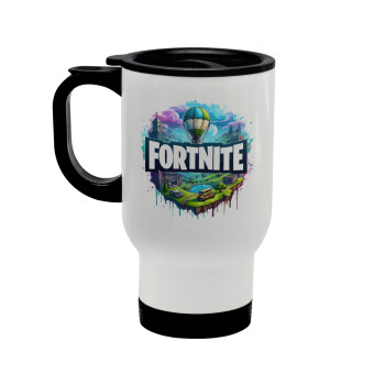 Fortnite land, Stainless steel travel mug with lid, double wall white 450ml