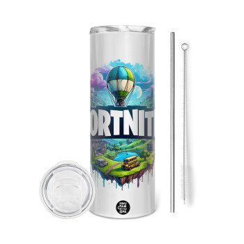 Fortnite land, Tumbler stainless steel 600ml, with metal straw & cleaning brush