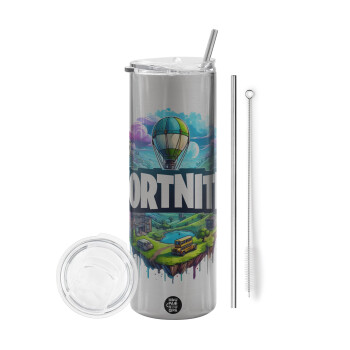 Fortnite land, Eco friendly stainless steel Silver tumbler 600ml, with metal straw & cleaning brush