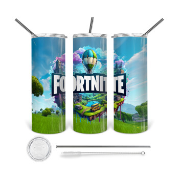 Fortnite land, Tumbler stainless steel 600ml, with metal straw & cleaning brush