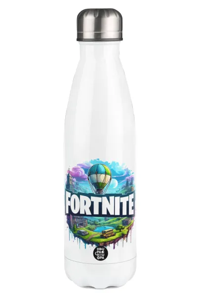 Fortnite land — Μεταλλικό παγούρι θερμός Λευκό (Stainless steel), διπλού τοιχώματος, 500ml