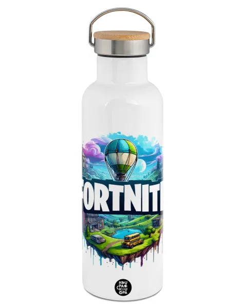 Fortnite land — Stainless steel White with wooden lid (bamboo), double wall, 750ml