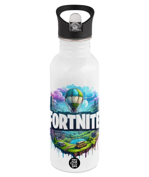 Fortnite land — Παγούρι νερού Λευκό με καλαμάκι, ανοξείδωτο ατσάλι 600ml
