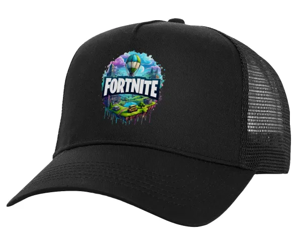 Fortnite land — Structured Trucker Adult Hat, with Mesh, Black (100% COTTON, ADULT, UNISEX, ONE SIZE)