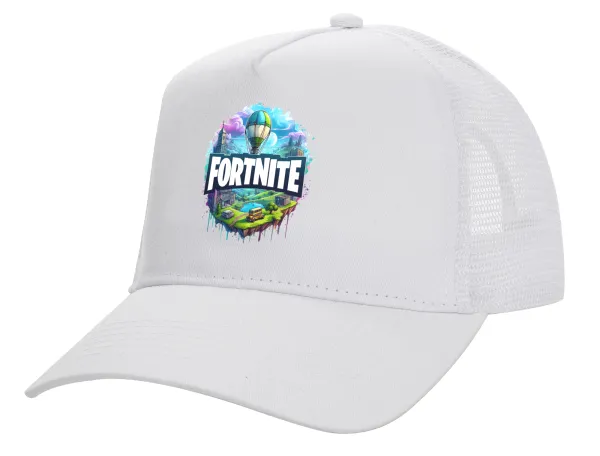Fortnite land — Structured Trucker Adult Hat, with Mesh, WHITE (100% COTTON, ADULT, UNISEX, ONE SIZE)