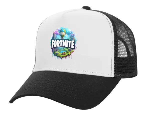 Fortnite land — Adult Structured Trucker Hat, with Mesh, WHITE/BLACK (100% COTTON, ADULT, UNISEX, ONE SIZE)