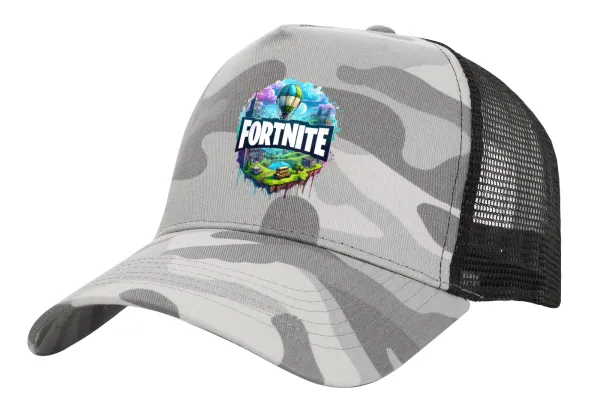 Fortnite land — Adult Structured Trucker Hat, with Mesh, (Camouflage) Army Camo (100% COTTON, ADULT, UNISEX, ONE SIZE)
