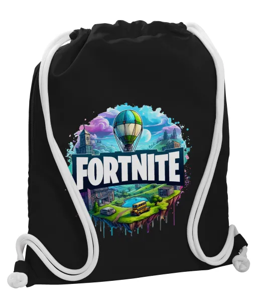 Fortnite land — Backpack pouch GYMBAG Black, with pocket (40x48cm) & thick white cords