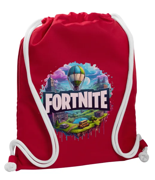 Fortnite land — Backpack pouch GYMBAG Red, with pocket (40x48cm) & thick cords