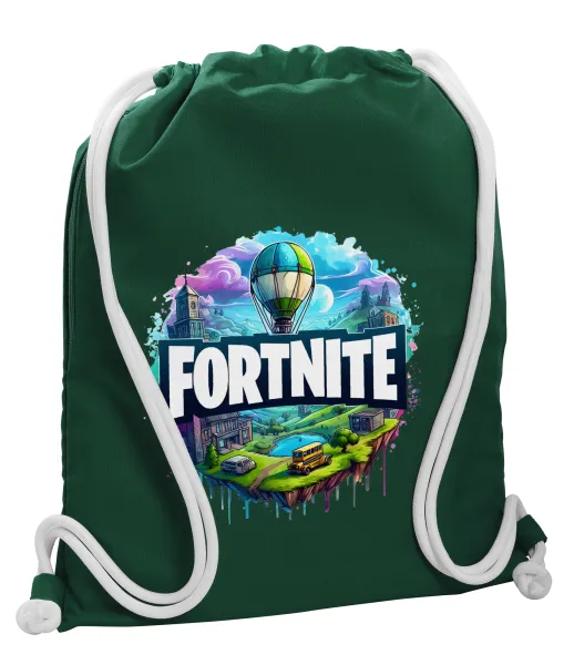 Fortnite land — Backpack pouch GYMBAG BOTTLE GREEN, with pocket (40x48cm) & thick white cords