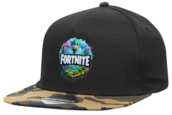 Fortnite land — Adult Flat Snapback Hat Black/Camouflage, (100% COTTON TWILL, ADULT, UNISEX, ONE SIZE)
