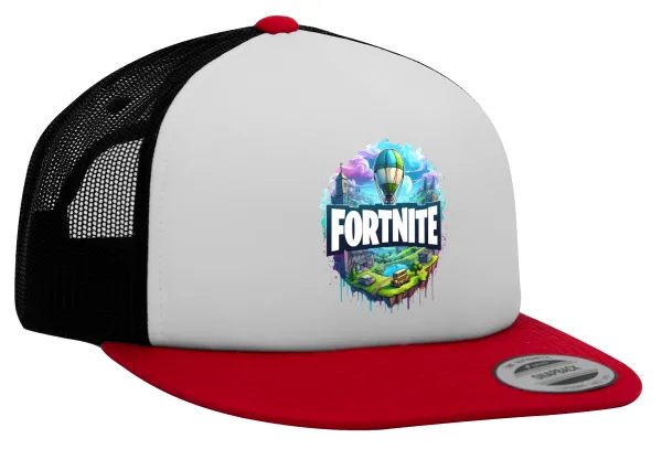 Fortnite land — Adult Foam Flat Snapback with Mesh Red-White-Black (POLYESTER, ADULT, UNISEX, ONE SIZE)