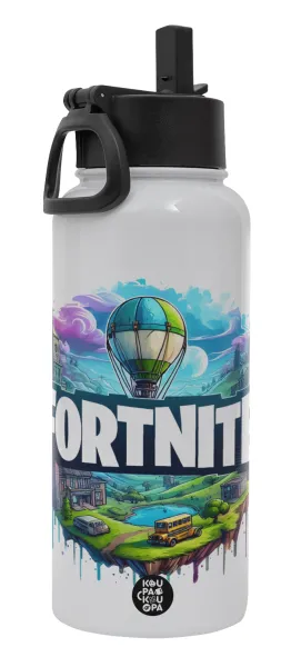 Fortnite land — Μεταλλικό παγούρι θερμός Λευκό με καλαμάκι και χερούλι (Stainless steel), διπλού τοιχώματος, 950ml