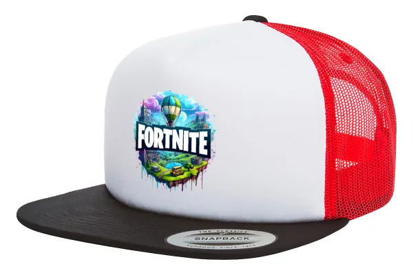 Fortnite land — Adult Foam Flat Snapback with Mesh Black-White-Red (POLYESTER, ADULT, UNISEX, ONE SIZE)