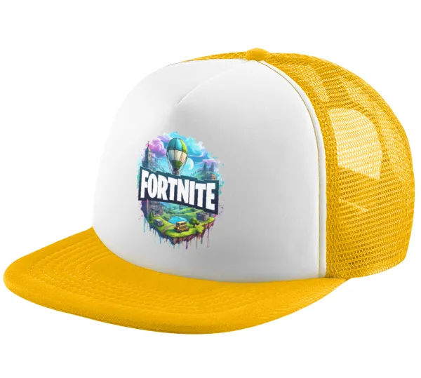 Fortnite land — Adult Soft Trucker Hat with Yellow/White Mesh (POLYESTER, ADULT, UNISEX, ONE SIZE)